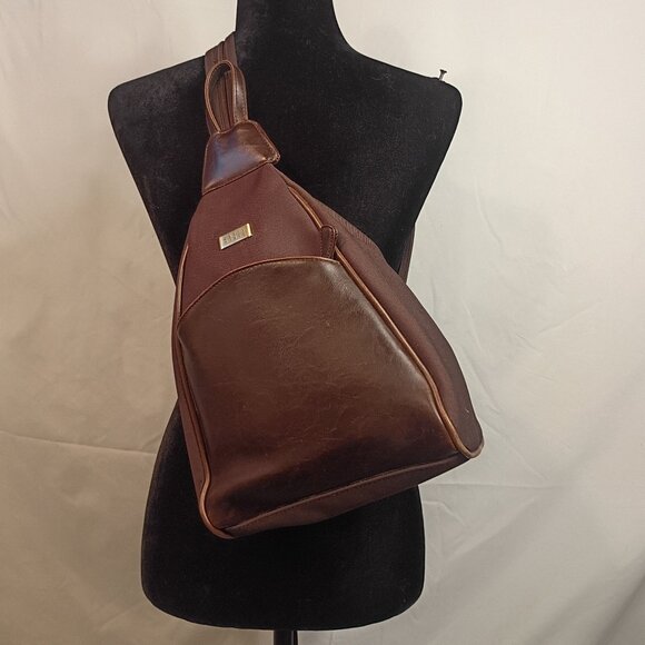 '90s CRAZY HORSE/Liz Claiborne Brown Leather & Nylon 2-Way Daypack Sling Bag - Picture 1 of 14